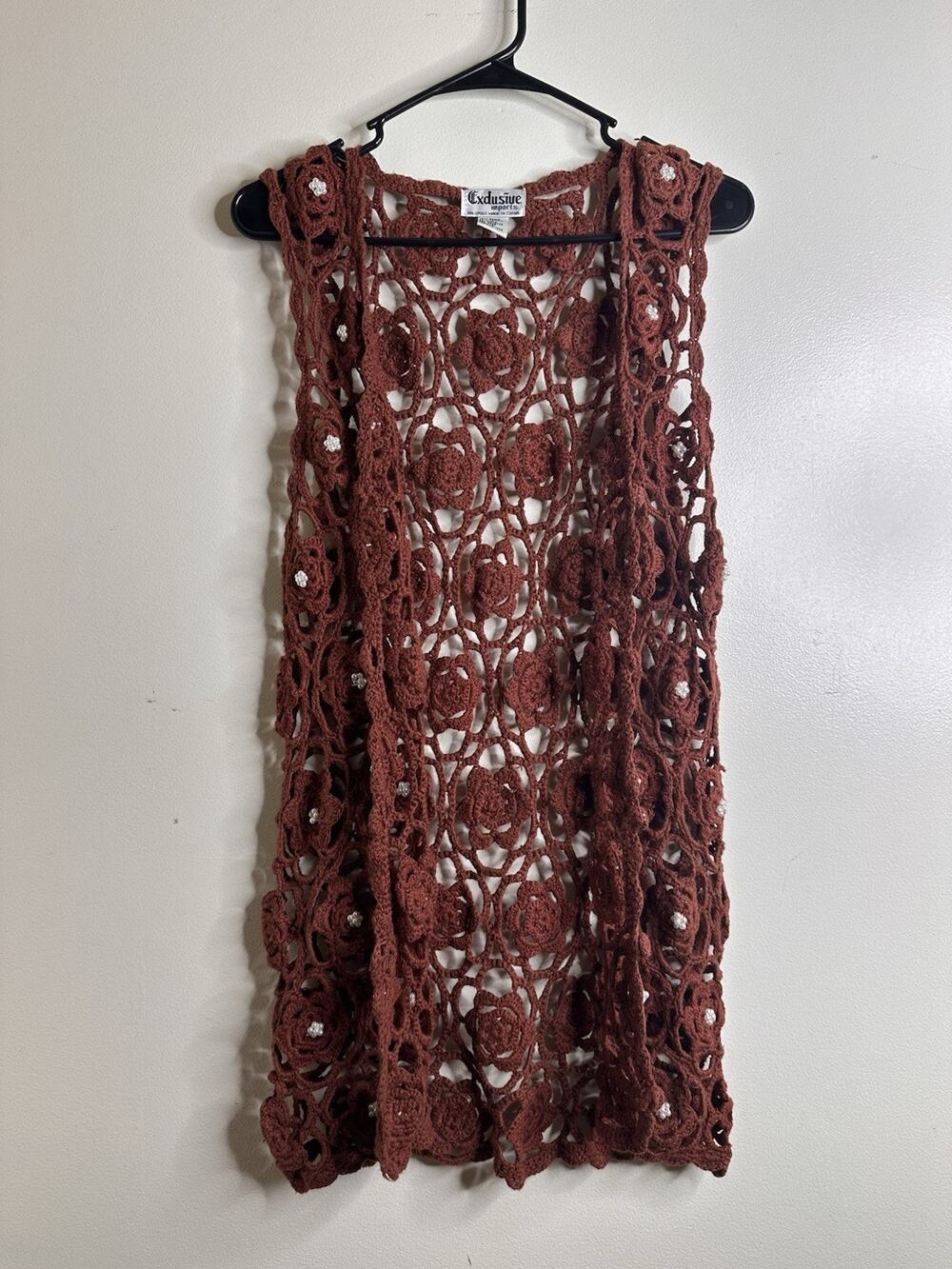Vintage 70s Exclusive Imports OS Crochet Cardigan Vest Pearl Embellishment Brown